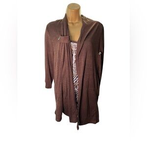 Notations Faux Twinset Draped Cardigan Top Button Detail Brown 1X